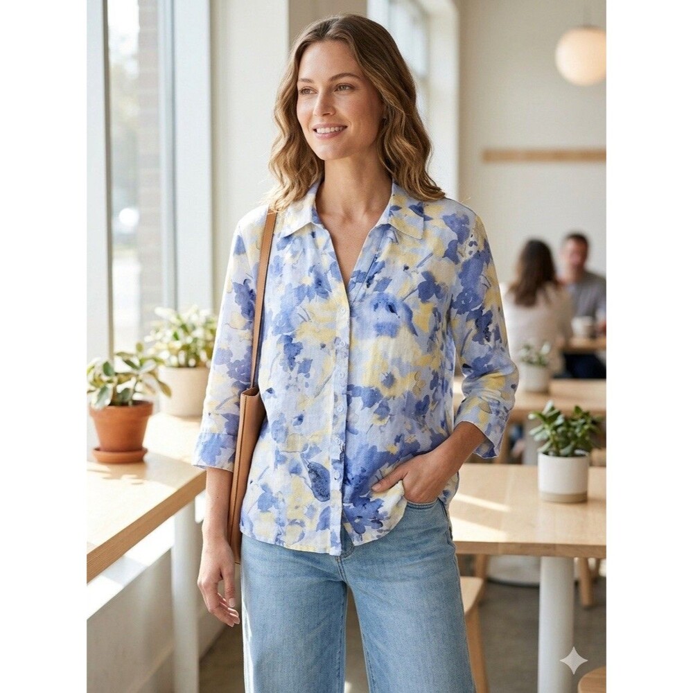 JM Collection 100% Linen Blouse Sz 16 Floral Button Shirt Coastal Effortless top